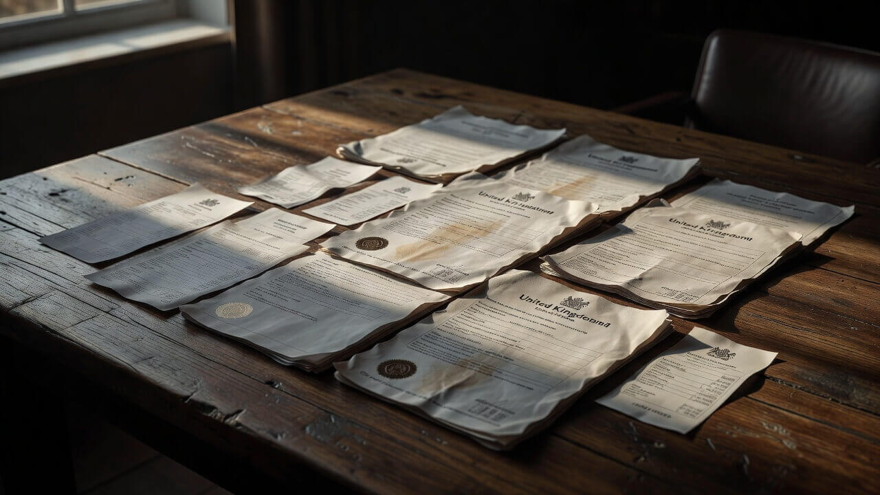 Official UK firearms and shotgun certificates spread across a wooden table with application forms and payment receipts