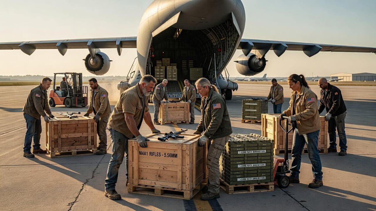 American workers loading crates of rifles and ammunition onto transport planes destined for NATO allies