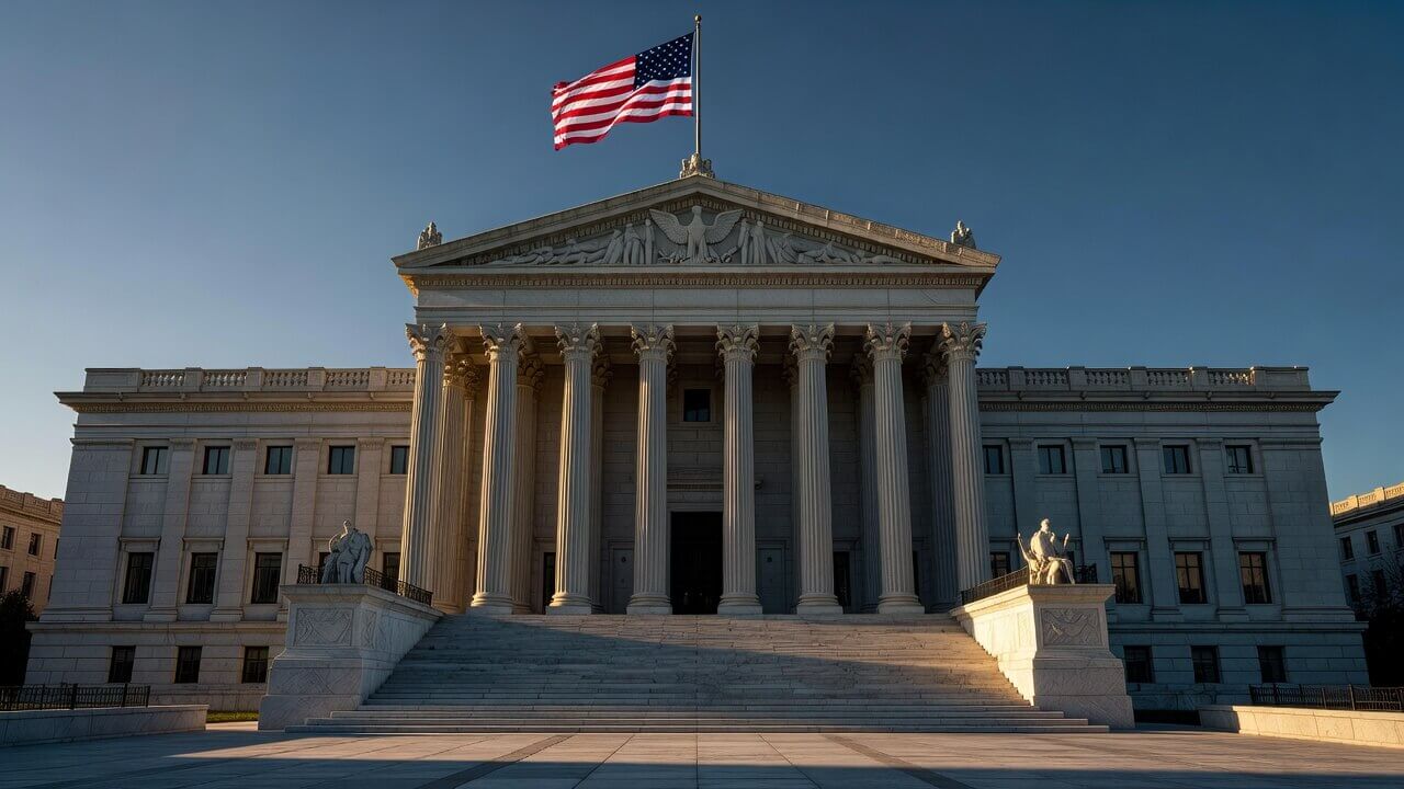 Grand facade of a federal appellate courthouse with columns and American flag flying