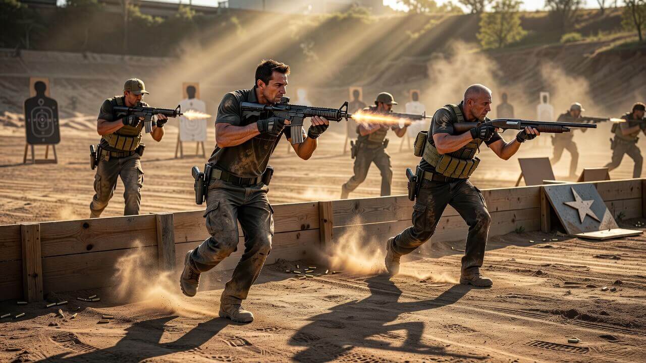 Competitors navigating a dynamic multigun stage with rifles and shotguns at a USPSA Nationals event