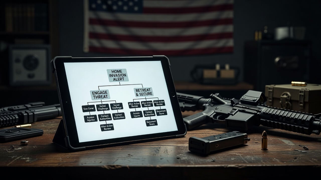 Tablet screen showing a branching home-defense scenario with decision options and after-action review