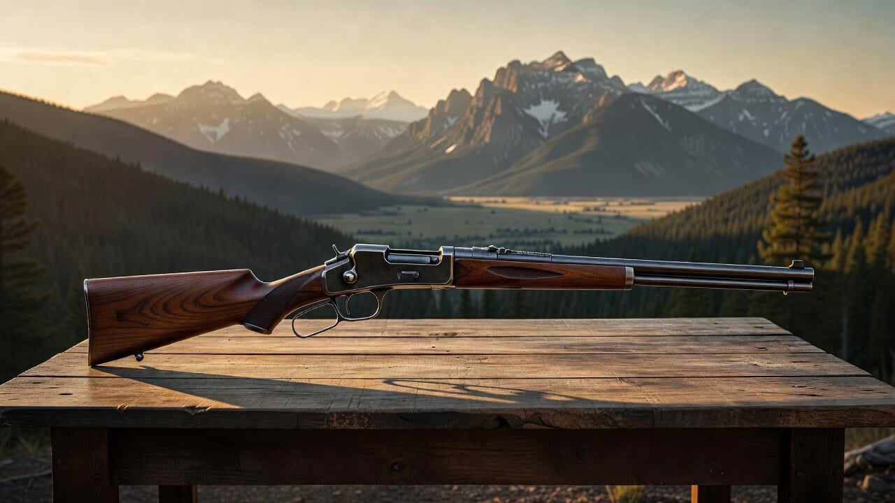 Classic Winchester Model 1894 lever-action rifle displayed on a wooden table with Idaho mountain backdrop