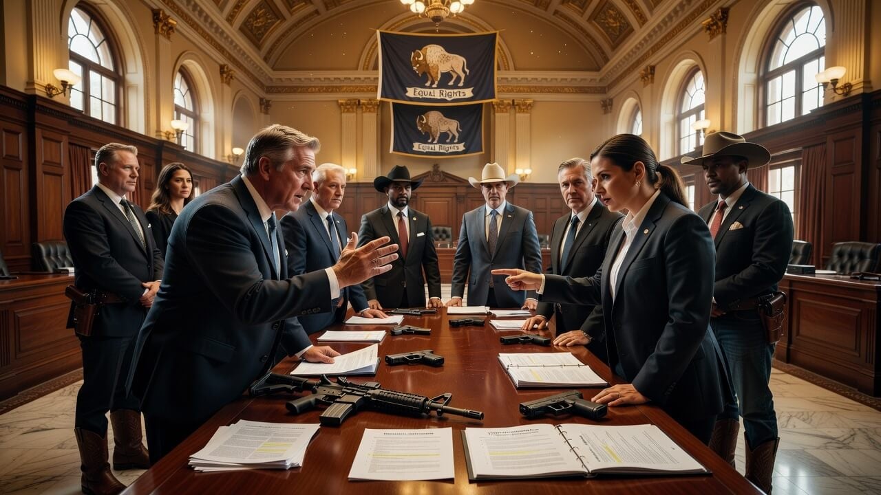 Detailed image of Wyoming state capitol lawmakers discussing firearm rights legislation