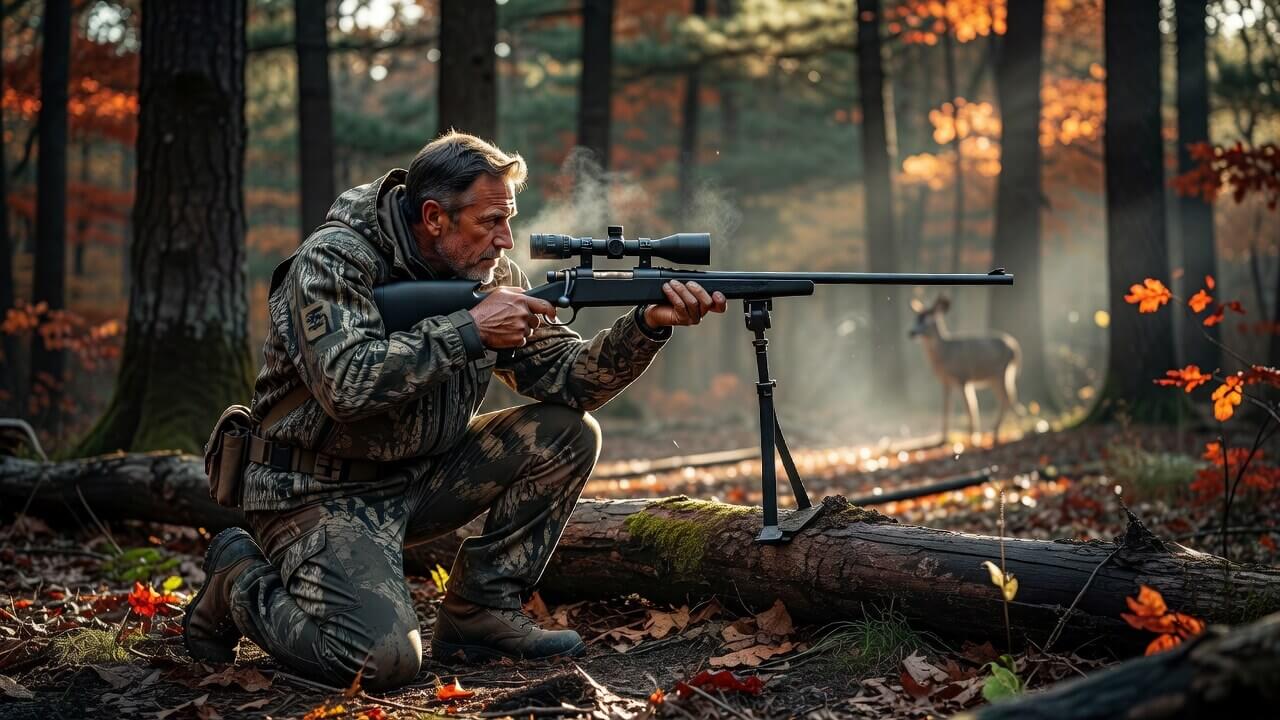 Hunter aiming a Browning X-Bolt 2 rifle from a supported position during a whitetail hunt